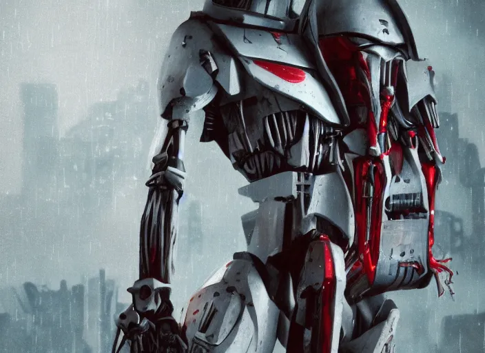 Image similar to 3 5 mm portrait photo of ( general grievous )!! with heavy duty biomechanical cybernetic body with many red lightsabers in the city in the rain. cyberpunk horror style.