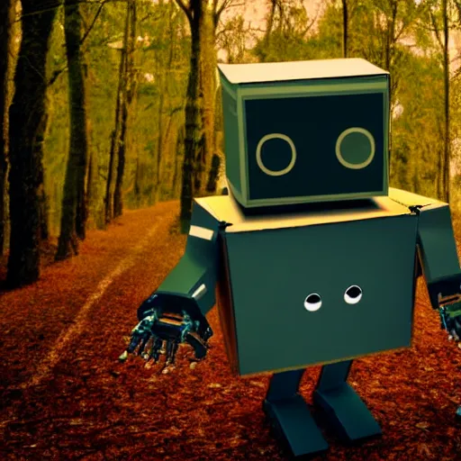 Prompt: robot made of a cardboard box, crayon face, walking through the forest, dof, cinematic lighting, hyperrealistic, extremely detailed,