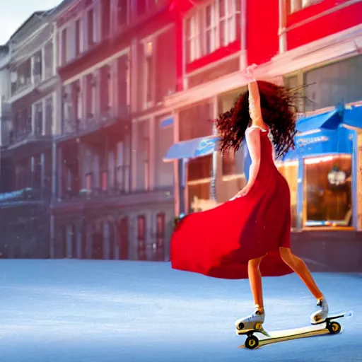 Image similar to photorealistic picture of woman skating on a red skate with very small wheels, woman wearing red dress, background is urban city with lots of trafic, sky is blue and sunny