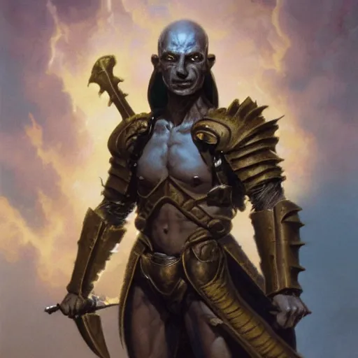 Image similar to ( ( ( quarter length portrait of a gaunt noseless yellow - skinned bald githyanki warrior in a breastplate, wielding a magical silver greatsword ) ) ), greg rutkowski, frank frazetta, alexandre chaudret, boris vallejo, michael whelan, miro petrov, magali villeneuve, donato giancola, d & d