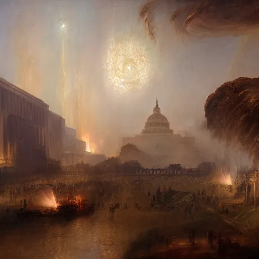 Image similar to highly detailed painting of alien androids attacking washington dc, by william turner, by greg rutkowski, by william constable, thick brush strokes and visible paint layers, 4 k resolution