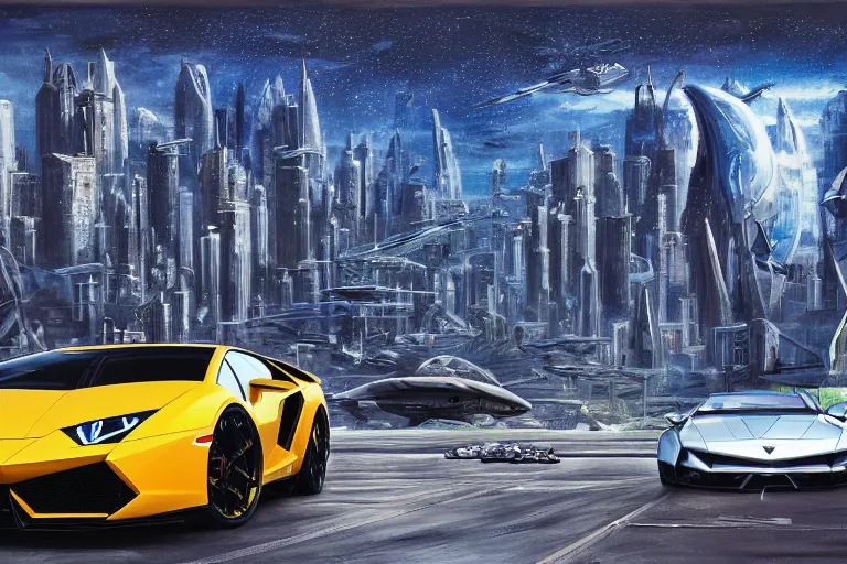 Prompt: a futurisitic well designed car by lamborghini and boeing military and honda, in a city, skyline in the distance, day, summer, painting by best science fiction artists and asher brown durand and star wars, ultra mega detailed, beautiful realistic photo, professional photography, uhd upscale, 8 k, perfect