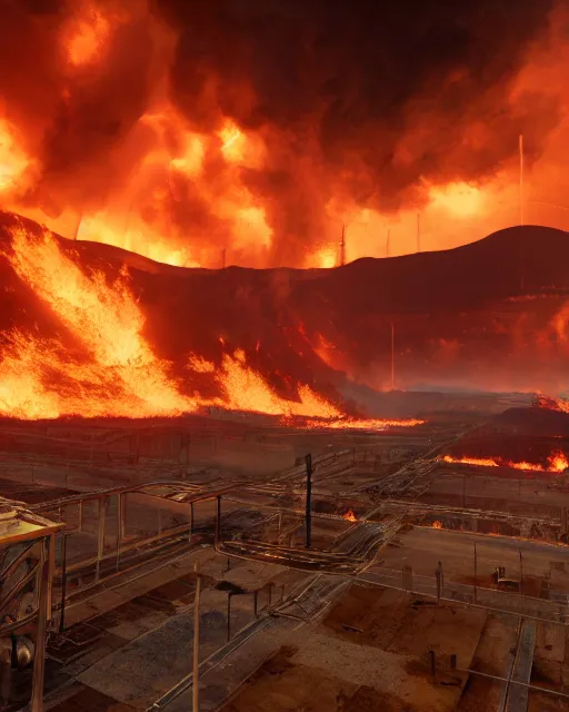 Image similar to oil fields on fire, hyper realism, cinematic, volumetric lighting, dramatic ambient lighting, epic composition, high detail, octane render, unreal engine, 8 k, professional photo, photorealistic, intricate complexity, extremely detailed,