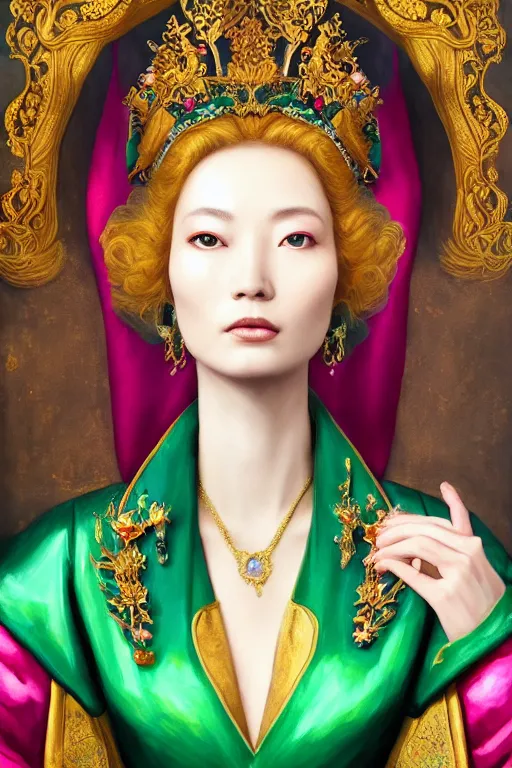 Image similar to a beautiful empress portrait, with a brilliant, impossible striking shiny big emerald headpiece, emerald robes, Alice in wonderland, rococo, baroque, jewels, asian, realistic, closeup, D&D, fantasy, intricate, elegant, highly detailed, digital painting, symmetrical, artstation, octane render, 8k, concept art, matte, sharp focus, illustration, art by Artgerm and Greg Rutkowski and Alphonse Mucha