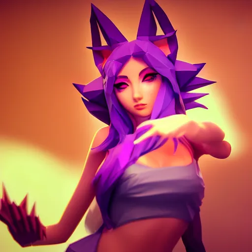 Image similar to low poly simple art of Ahri from league of legends, 8k resolution, high detail, ULTRA REALISTIC VFX, reflections, post processing