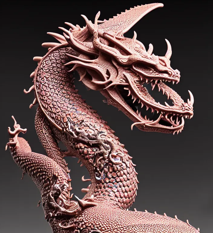 Prompt: Dragon, A Close up photo-real delicate ceramic porcelain sculpture of a symmetrical ornate detailed in front of an intricate background by Victo Ngai and takato yamamoto, micro detail, backlit lighting, face in focus, subsurface scattering, translucent, thin porcelain, octane renderer, colorful, physically based rendering, japanese pottery, trending on cgsociety