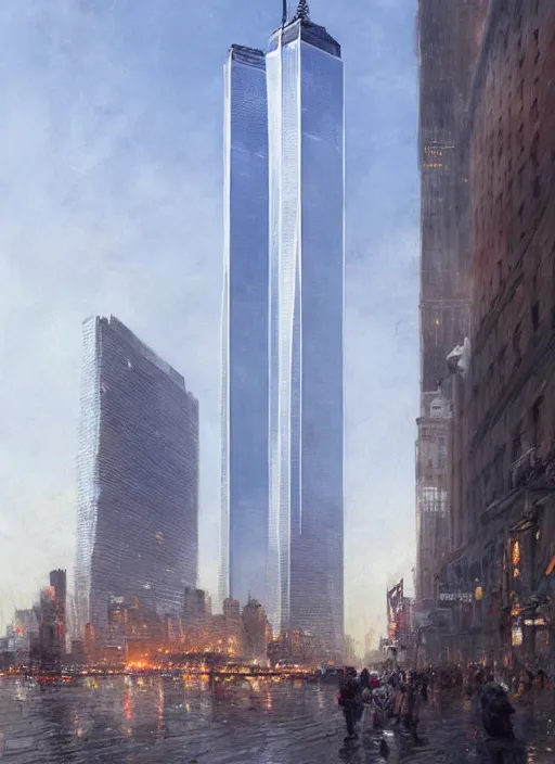 Image similar to the world trade center in new york city, a realistic digital painting by greg rutkowski and james gurney, trending on artstation, highly detailed