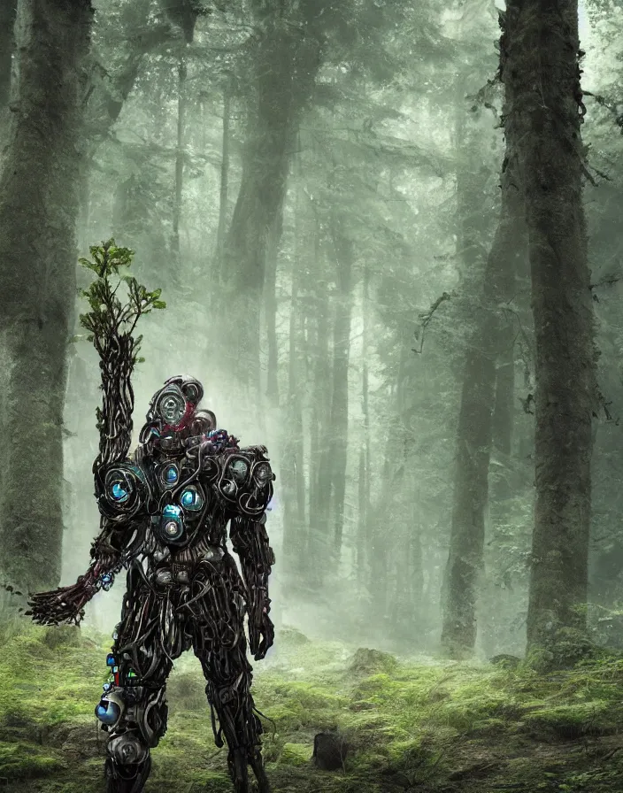 Image similar to druid cyborg in Nordic forest, photorealistic, 4k