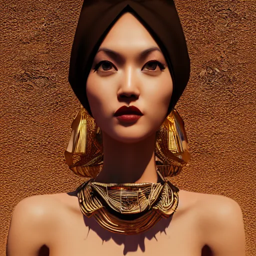 Image similar to innovative avant-garde art, deco fashion, asian women, highly detailed, photorealistic portrait, serene desert setting, golden hour, crisp quality and light reflections, unreal engine 5 quality render