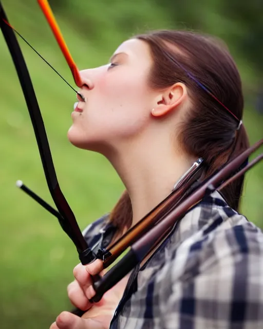 Image similar to young woman arrow shooting, low angle view