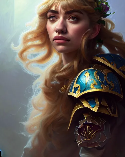 Prompt: portrait of imogen poots as a warhammer paladin with roses, by sasha tudvaseva, deep focus, intricate, elegant, regal, highly detailed, digital painting, artstation, concept art, matte, sharp focus, illustration, warhammer, fantasy, hearthstone, art by artgerm and greg rutkowski and alphonse mucha