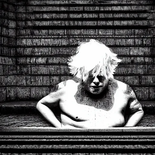Prompt: Boris Johnson digital art crying on the naughty step with a pool of tears under him, 8k, perfect lighting, high contrast, wide-angle, Nikon mirrorless, sad, brexit, flickr