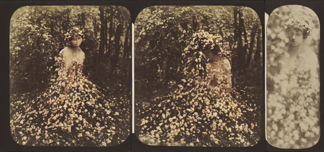 Prompt: portrait of a beautiful woman covered in flowers, Forest, ray gods, 1910 polaroid photography