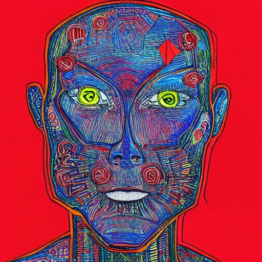 Image similar to drawing of artificial intelligence outsider art style red ballpoint pen