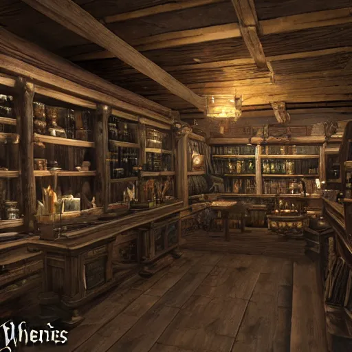 Prompt: Whiterun apothecary interior, potion shop interior, glowing potions, skyrim, set within Elder Scrolls 5 as fanart