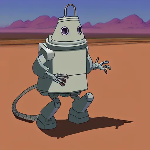 Prompt: a study of cell shaded cartoon of a grey robot iguana from howl's moving castle ( 2 0 0 4 ) on a desert road, full body, wide shot, very muted colors, post grunge, studio ghibli, laurie greasley, highly detailed, deviantart, art by artgem