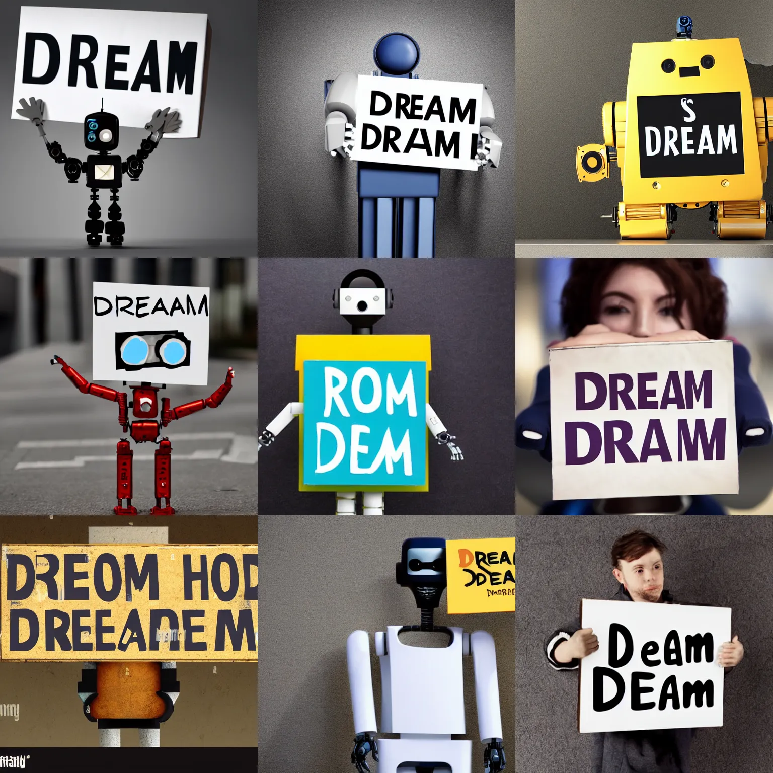 Prompt: robot holding a sign with text that reads : dream