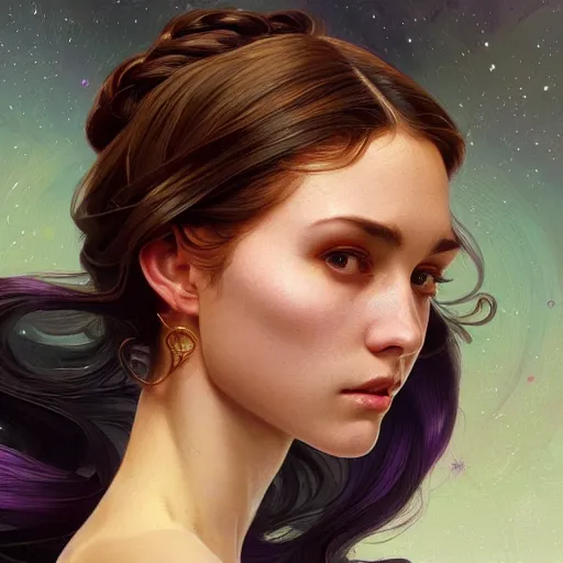 Image similar to Portrait of very very very very very very beautiful non-white woman, spacesuit, purple eyes, intricate, elegant, highly detailed, digital painting, artstation, concept art, smooth, sharp focus, illustration, art by artgerm and greg rutkowski and alphonse mucha