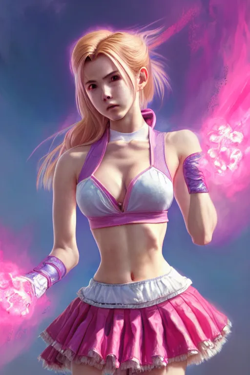 Image similar to Tekken 4 fighter anime Stunning Portrait Belle Delphine with Crop top and pink skirt, Pink Shades, in a fighting stance, digital painting, artstation, concept art, soft light, hdri, smooth, sharp focus, illustration, art by tian zi, craig mullins, Mark Arian, WLOP, alphonse mucha