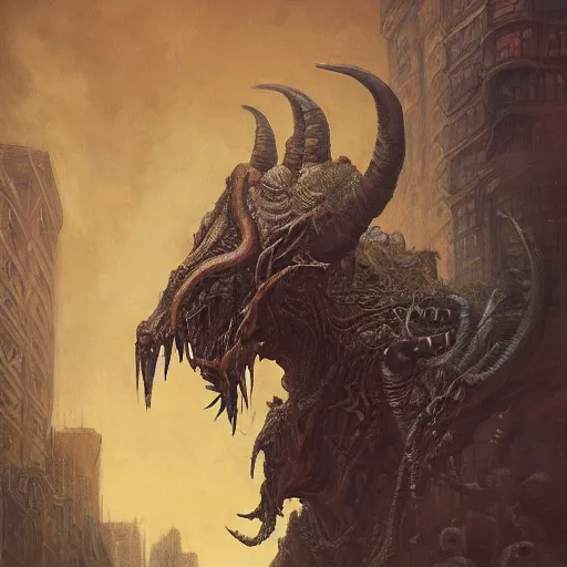 Prompt: a masterpiece! full body photographic portrait of an alien beast!! with seven heads!! and ten horns!! on a city street by gustave dore and sam spratt and allen williams, trending on artstation, cgsociety, 8 k hd, earthtone colors,