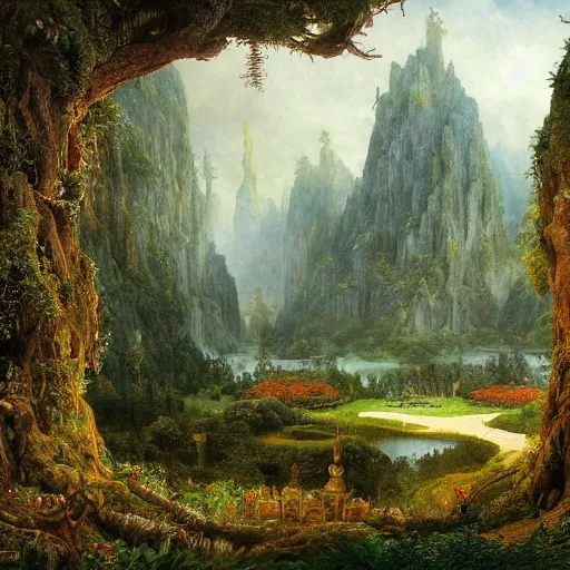 Image similar to a beautiful and highly detailed matte painting of a magical garden of delights in a mystical forest in a dream like valley deep in the misty mountains of avalon, intricate details, epic scale, insanely complex, 8 k, sharp focus, hyperrealism, very realistic, by caspar friedrich, albert bierstadt, james gurney, brian froud,