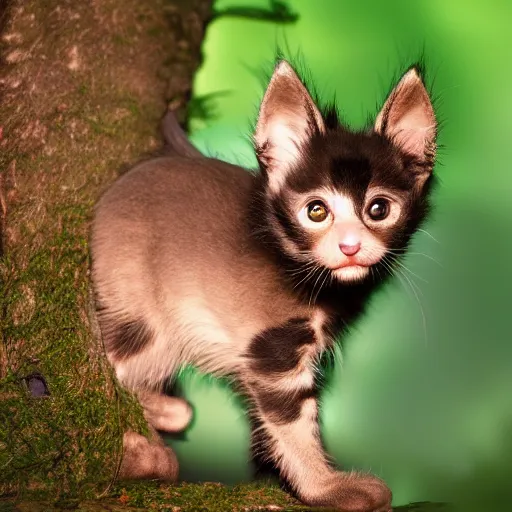 Image similar to a tall, muscular bat kitten walking in a forest, sunset, realistic, romantic, enchanting, dreamy, IMAX