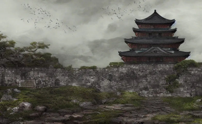 Image similar to detailed digital painting of old, ruined, japanese fort from sengoku period, overcast weather, environment concept art, photobash, overcast weather, unreal engine render, nanite