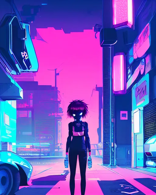 Image similar to digital illustration of cyberpunk pretty girl with pink hair, standing by a blue ford gt in a street at night, under streetlights, by makoto shinkai, ilya kuvshinov, lois van baarle, rossdraws, basquiat