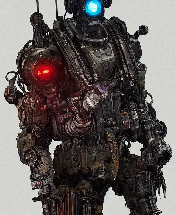 Image similar to cyberpunk digital illustration pathfinder robot from apex legends, portrait by james gurney and laurie greasley, concept art, cinematic composition, hyper realism, photorealistic, dramatic lighting, highly detailed, vintage sci - fi