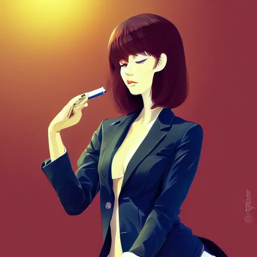 Image similar to cute beautiful decisive girl in jacket suit with snake print over bare skin, elegant, 2d, ultra highly detailed, digital painting, smooth, sharp focus, artstation, pixiv, art by Ilya Kuvshinov