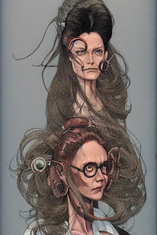 Prompt: zoom out portrait of mad lady scientist, illustration by katsuhiro otomo, brom, moebius concept art