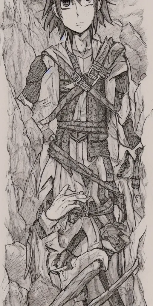 Image similar to an wood elf boy getting ready for an high fantasy adventure on the mountain side, anime style, tarot card, Tarot card the fool, fine line work, colorful,