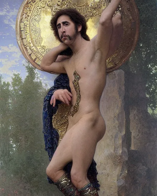 Image similar to Nicolas Cage, dressed in ornate, detailed, intricate iridescent opal armor, detailed oil painting by William Adolphe Bouguereau and Donato Giancola