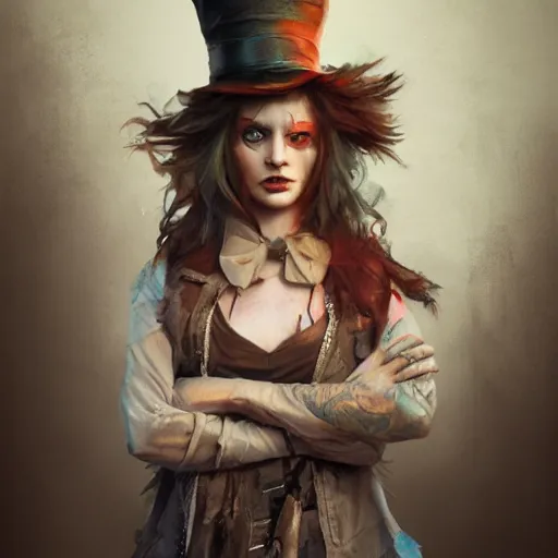 Image similar to realistic, full body portrait, attractive grungy female mad hatter, by Jordan Grimmer and greg rutkowski, crisp lines and color,