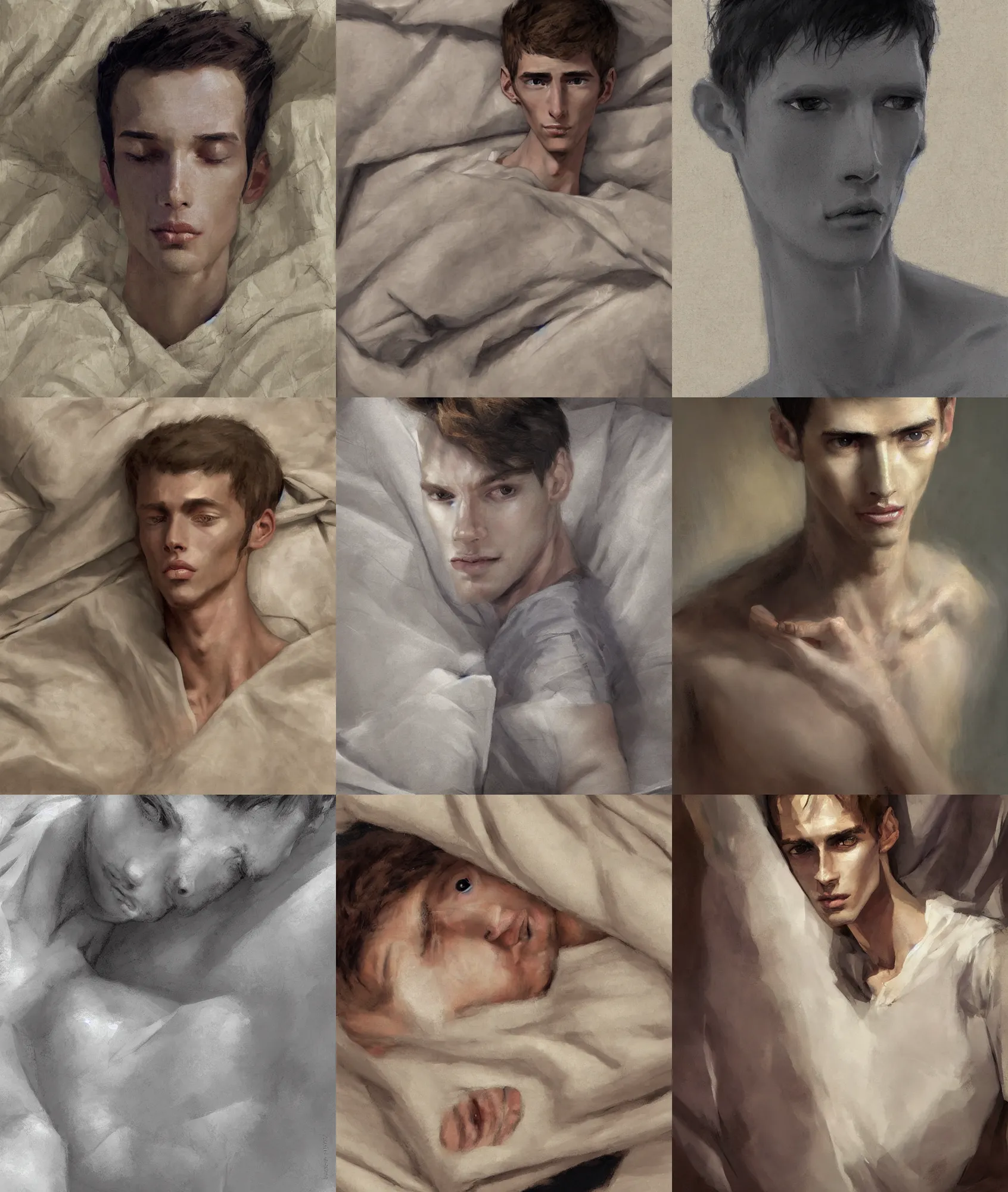 Prompt: zenith angle perspective view digital art painting of a young skinny gaunt guy, wearing a casual shirt, eyes open, neutral face expression, lying on a humble unmade bed wrinkled bed sheets painted by craig mullins and gaston bussiere and greg rutkowski, symmetrical face, defined facial features, symmetrical facial features, soft warm lighting