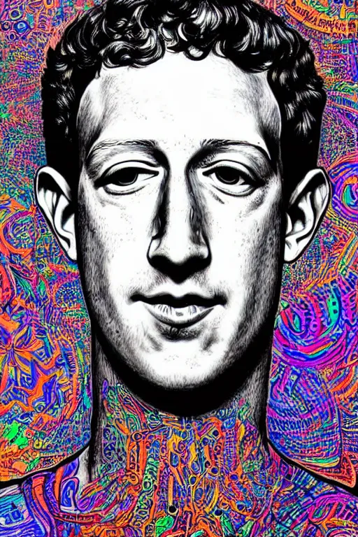 Image similar to beautifully detailed, psychedelic, mystical lsd portrait of mark zuckerberg's inner being, clockwork, technical inner being, pen, ink, copic marker