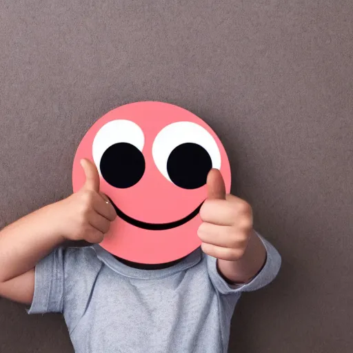 Image similar to child drawing of smiling emoji face with red eyes thumb up and red eyes.