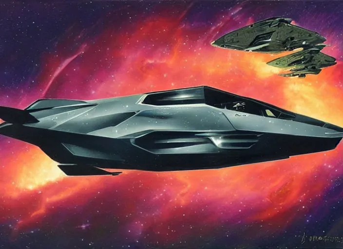 Prompt: lamborghini starship floating in nebula, ludek pesek, rick guidice, chesley bonestell, lucien rudaux, rolf klep, fred freeman, george pal