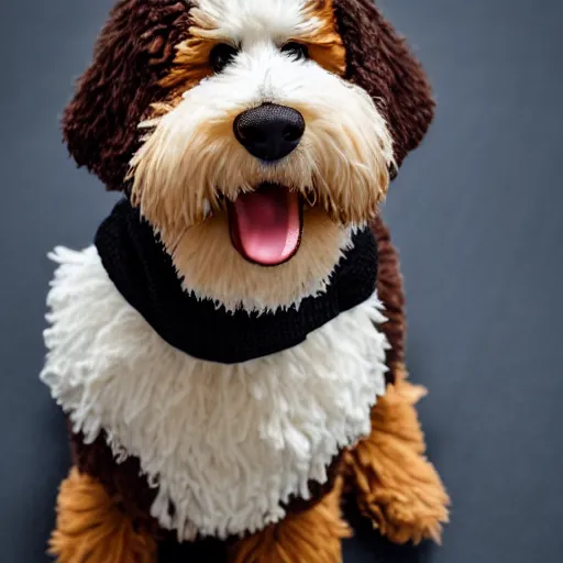 Image similar to a closeup photorealistic photograph of a cute smiling knitted bernedoodle judge dog dressed in a black gown, presiding over the courthouse. indoor image, professional capture, well lit shot. this 4 k hd image is trending on artstation, featured on behance, well - rendered, extra crisp, features intricate detail, epic composition and the style of unreal engine.