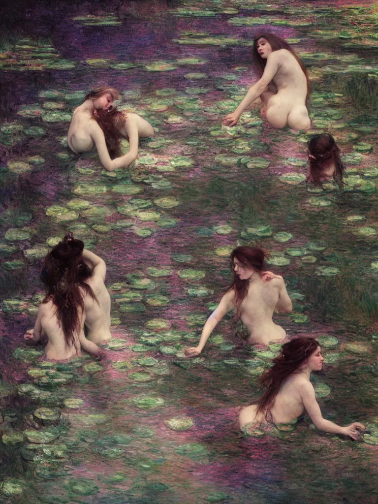 Image similar to illustration studio portrait of three dark beautiful woman bodies mermaids female energy in artistic poses in the river at the forest, monet painterly motives and textures pattern, hyper detailed, octane render, vivid colors, artstation, by jeremy mann, by alphonse mucha, by monet