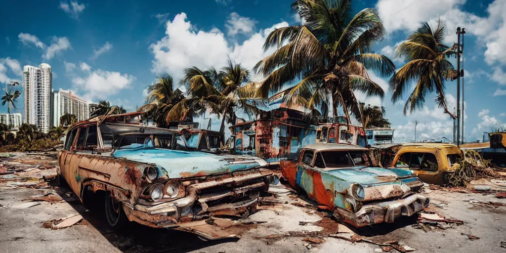 Image similar to low wide angle shot of dilapidated fallout 5 miami, tropical coastal city, desolate, dilapidated neon signs, few rusted retro futuristic vintage parked vehicles like cars, buses, trucks, trams, sunny weather, few clouds, volumetric lighting, photorealistic, daytime, spring, sharp focus, ultra detailed, 4 0 0 0 k