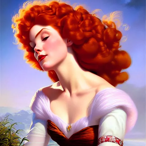 Image similar to portrait of Princess Merida, dreamy and ethereal, expressive pose, peaceful expression, elegant, highly detailed, digital painting, artstation, concept art, smooth, sharp focus, by gil elvgren