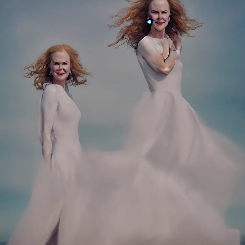 Prompt: a portrait photography of Nicole Kidman with full body dress in white by Flora Borsi, stand up with the sea behind, soft sunset lighting, pastel colors scheme, fine art photography, dramatic backgroung, 50 mm sigma art