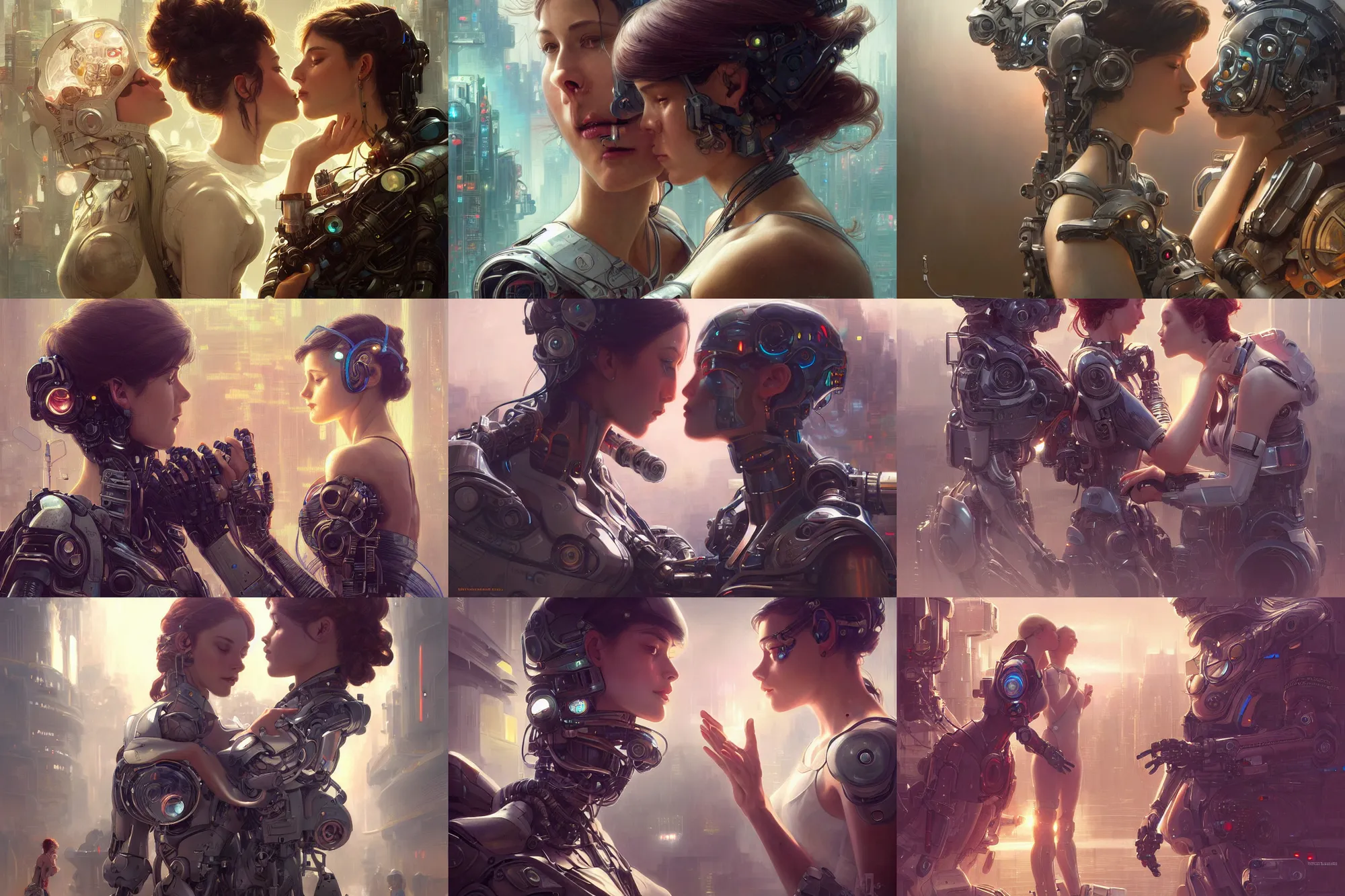 Image similar to Ultra realistic illustration, two women kissing a robot, cyberpunk, sci-fi, fantasy, intricate, elegant, highly detailed, digital painting, artstation, concept art, smooth, sharp focus, illustration, art by artgerm and greg rutkowski and alphonse mucha