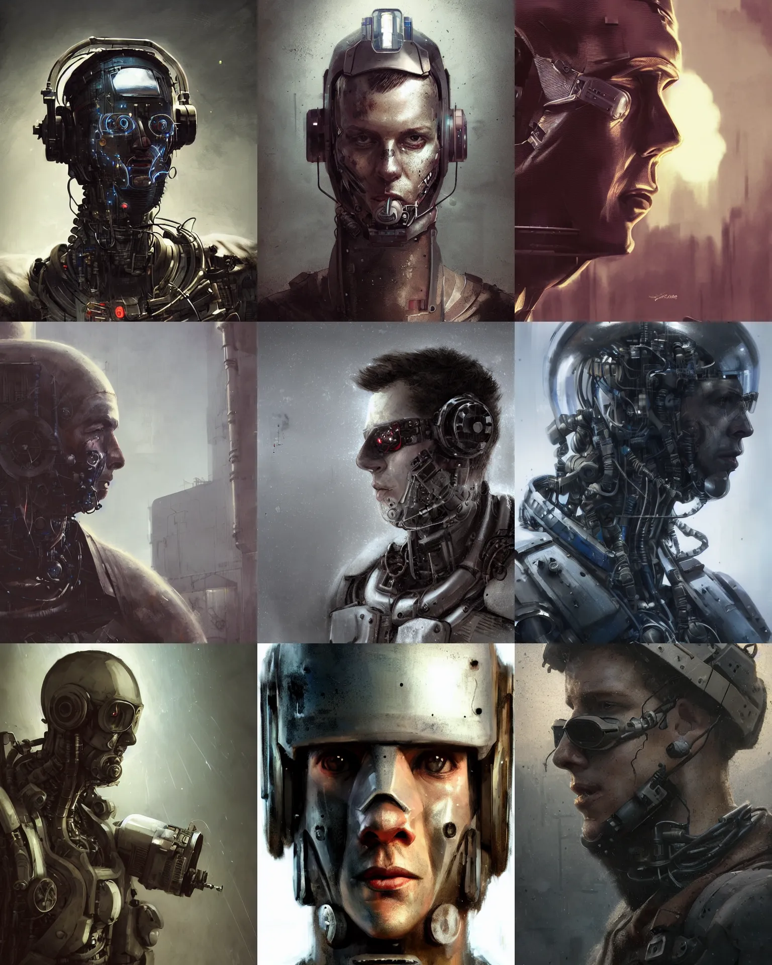 Image similar to a half - masked rugged young laboratory engineer man with cybernetic enhancements as seen from a distance, scifi character portrait by greg rutkowski, esuthio, craig mullins, 1 / 4 headshot, cinematic lighting, dystopian scifi gear, gloomy, profile picture, mechanical, half robot, implants, steampunk