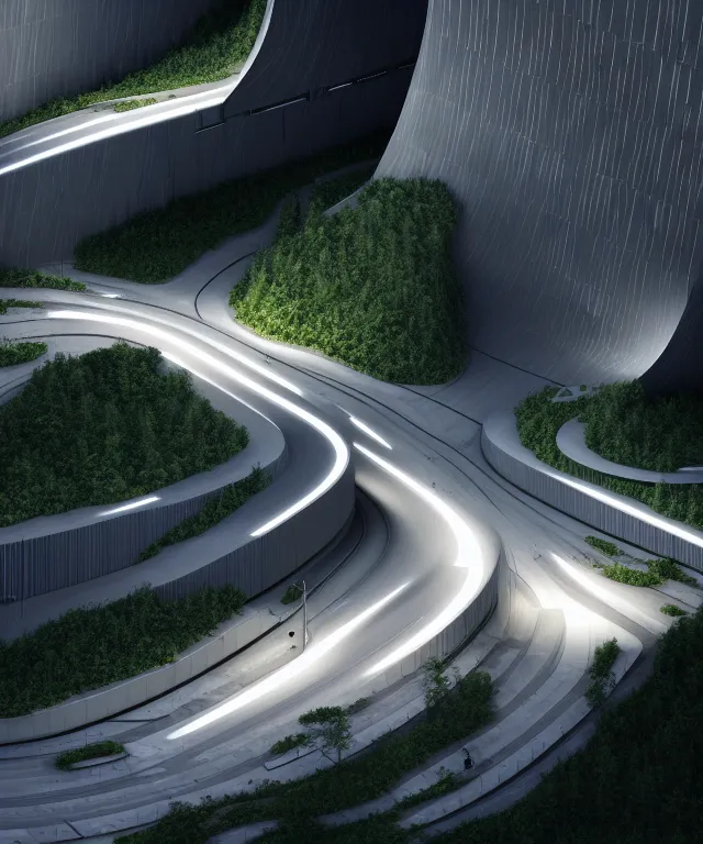 Image similar to denis villeneuve establishing shot of modern bjarke ingels condo building and gotthard tunnel entrance combined, roads tunnel under bjarke ingels condo building, lush nature environment, beautiful lighting, scifi artstation digital concept art, unreal engine, hyper realism, realistic shading, cinematic composition, blender render, octane render, wide shot