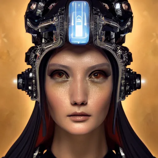 Image similar to a beautiful empress portrait, with a brilliant, impossible striking big cybernetic headpiece, cybernetic clothes, symmetrical, dramatic studio lighting, rococo, baroque, asian, hyperrealism, closeup, D&D, fantasy, intricate, elegant, highly detailed, digital painting, artstation, octane render, 8k, concept art, matte, sharp focus, illustration, art by Artgerm and Greg Rutkowski and Alphonse Mucha