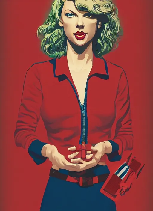 Prompt: Twin Peaks poster artwork by Michael Whelan and Tomer Hanuka, Karol Bak of portrait of Taylor Swift the local cheerleader, from scene from Twin Peaks, clean, simple illustration, nostalgic, domestic