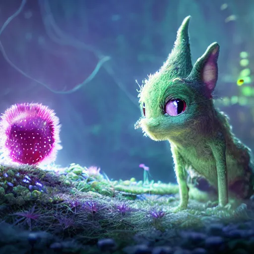 Image similar to tiny witch, vegetation, expressive eyes, floating, rbc, radiolaria, protophyta, micro - organisms, center frame, symmetric, rim light, marine microbiology, bioluminescence, electric, fur, soft, concept art, intricate details, highly detailed, colorful, photorealistic, disney pixar, octane render, iridescent, anime, 8 k