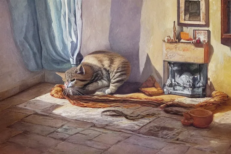 Image similar to Photo of Funny singular cat sleeping in provence style living room, photorealism,